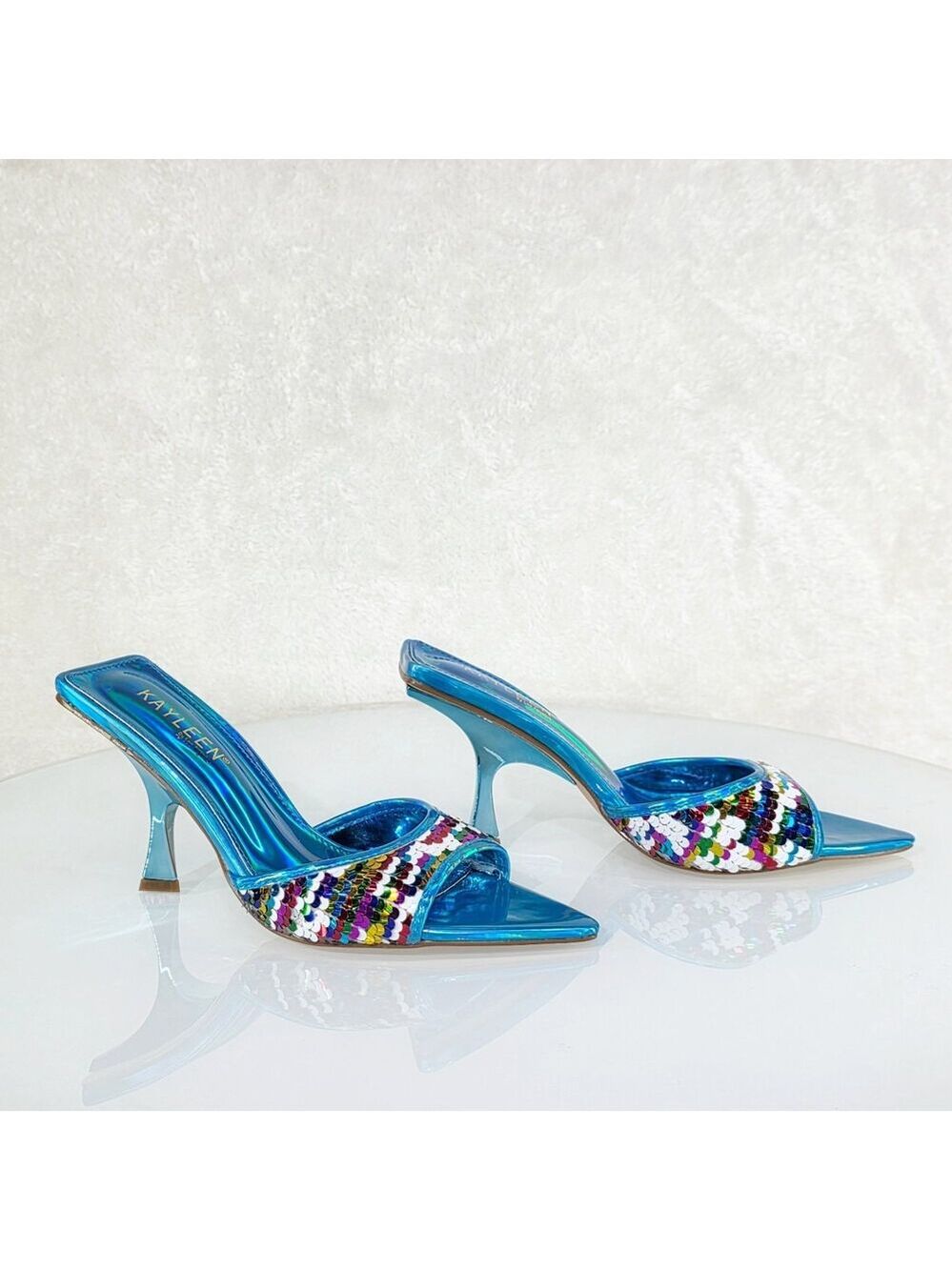 NIB Festive Blue Sequin Slip On 2.5" Heel Casual Evening Party Shoes - Picture 7 of 9